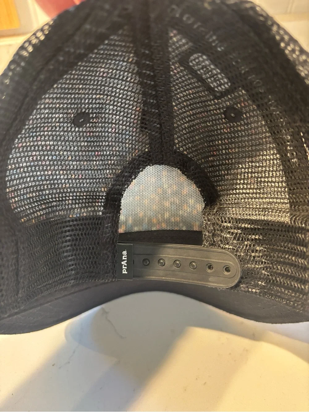 Prana Black Trucker Style Hat with Multicolor Confetti Print. Like New!
